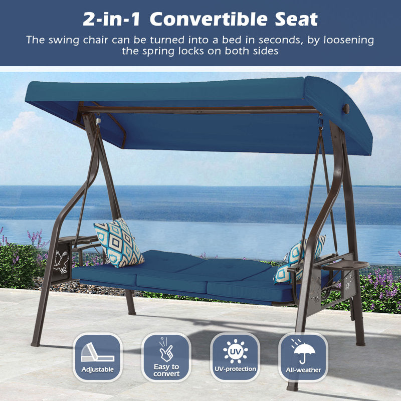 Manhattan Porch Swing w/Rotatable Canopy, 2 in 1 Patio Swing Bed and Swing Chair