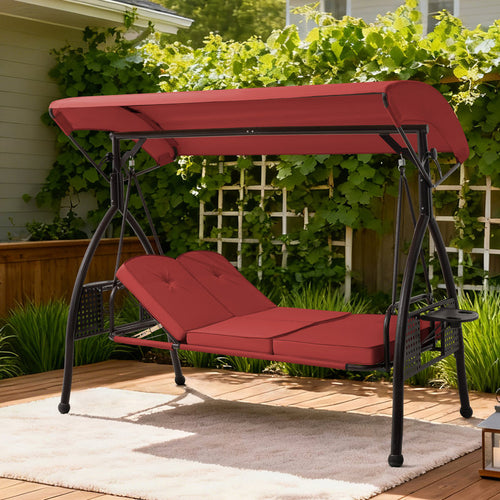 3 Seat Outdoor Porch Patio Swing With Adjustable Canopy, 3-In-1 Convertible Swing Bed With Cushion & Cup Holder For Adults, Yard Deck Garden
