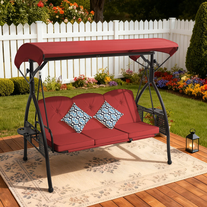 3 Seat Outdoor Porch Patio Swing With Adjustable Canopy, 3-In-1 Convertible Swing Bed With Cushion & Cup Holder For Adults, Yard Deck Garden