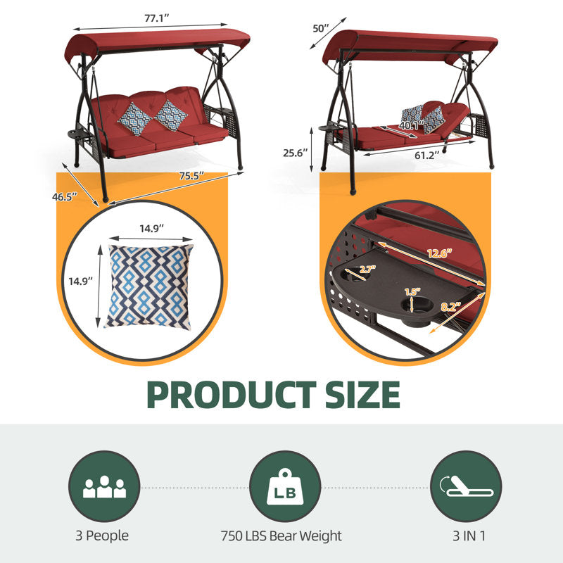 3 Seat Outdoor Porch Patio Swing With Adjustable Canopy, 3-In-1 Convertible Swing Bed With Cushion & Cup Holder For Adults, Yard Deck Garden