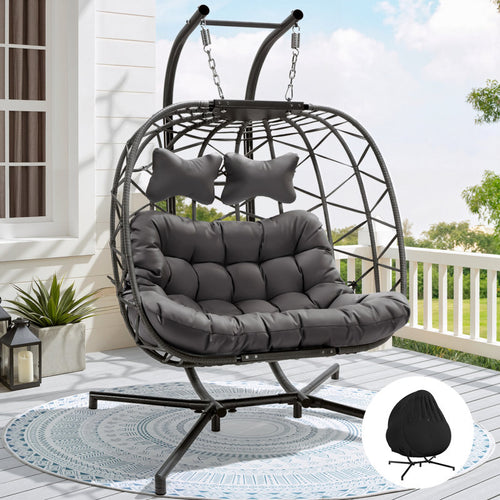 2 Person Outdoor/Indoor Porch Swings With Stand Double Hanging Egg Chair With Cozy Cushion And Cover