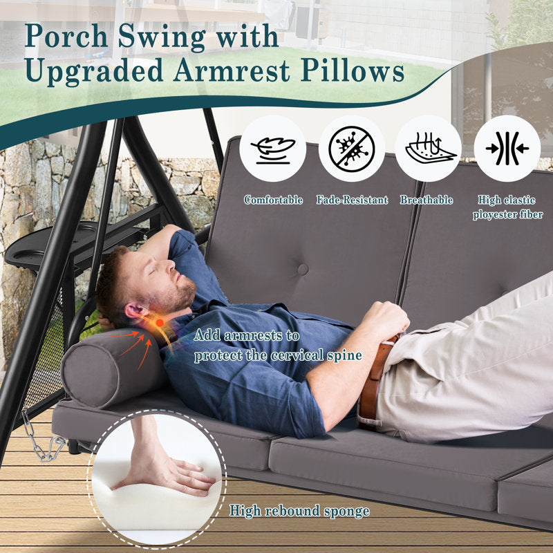 Patio 3 Seat Outdoor Porch Swing, Outdoor 2-in-1 Swings Glider Chair for Adults with Adjustable Canopy & Pillows, Outside Swing Bench for Backyard, Garden, Yard, Poolside, Balcony