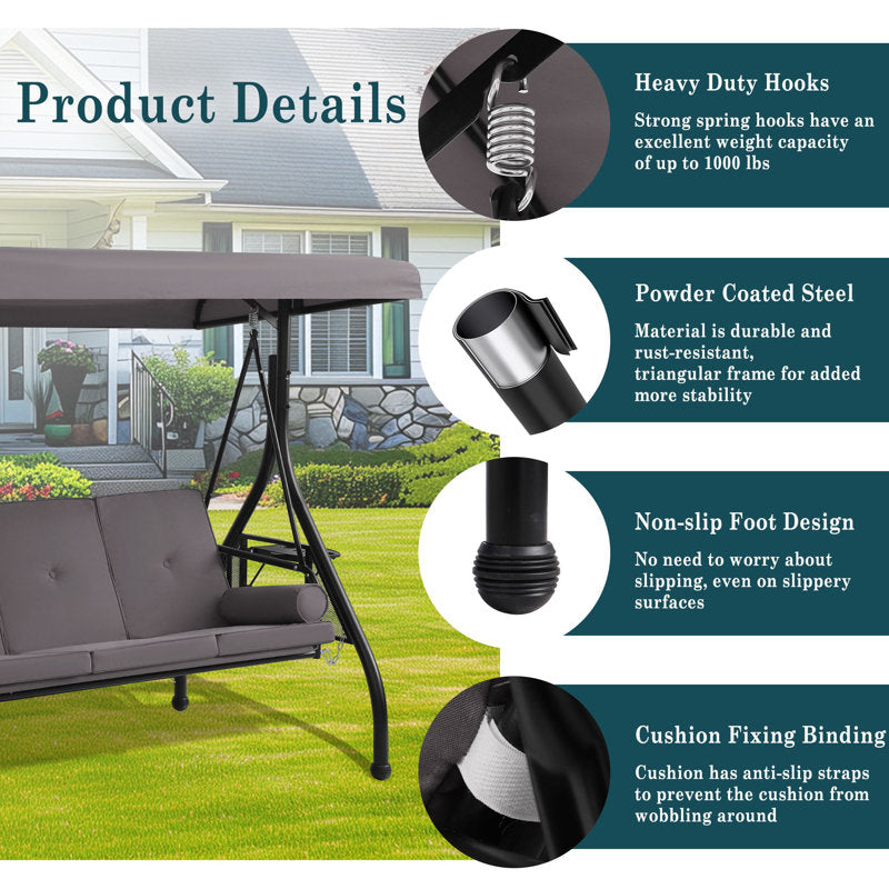 Patio 3 Seat Outdoor Porch Swing, Outdoor 2-in-1 Swings Glider Chair for Adults with Adjustable Canopy & Pillows, Outside Swing Bench for Backyard, Garden, Yard, Poolside, Balcony