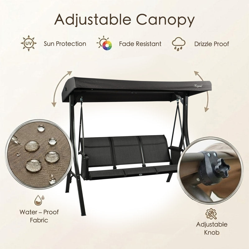 Brenda 3-Seat Outdoor Porch Swing Glider, Patio Swing with Adjustable Canopy, Heavy-Duty Steel Frame, Breathable Textilene Seat and Backrest, Side Pockets, Gray