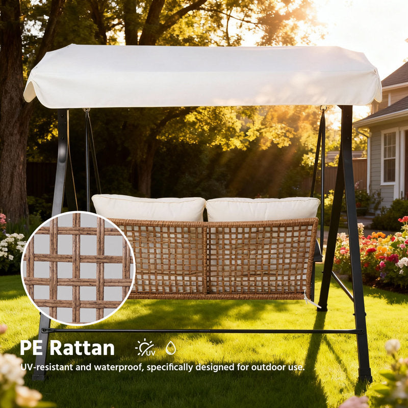 2-Person Outdoor Porch Swing with Adjustable Canopy & Stand, 2-in-1 Convertible Swing to Flat Bed, Patio Glider Bench with Thick Cushions, Heavy-Duty Steel Frame, Weather Resistant, for Garden, Yard, Deck
