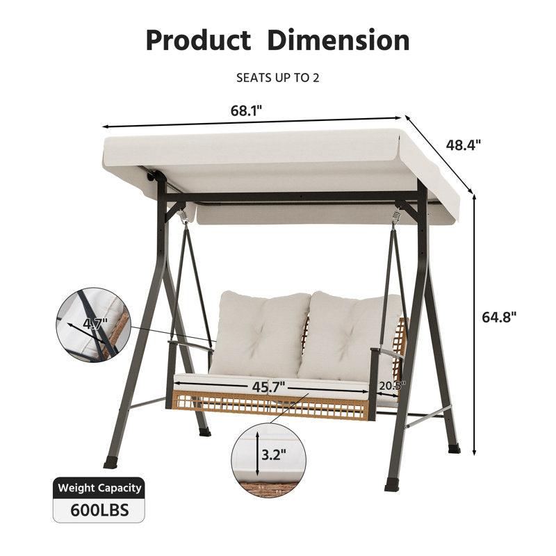 2-Person Outdoor Porch Swing with Adjustable Canopy & Stand, 2-in-1 Convertible Swing to Flat Bed, Patio Glider Bench with Thick Cushions, Heavy-Duty Steel Frame, Weather Resistant, for Garden, Yard, Deck