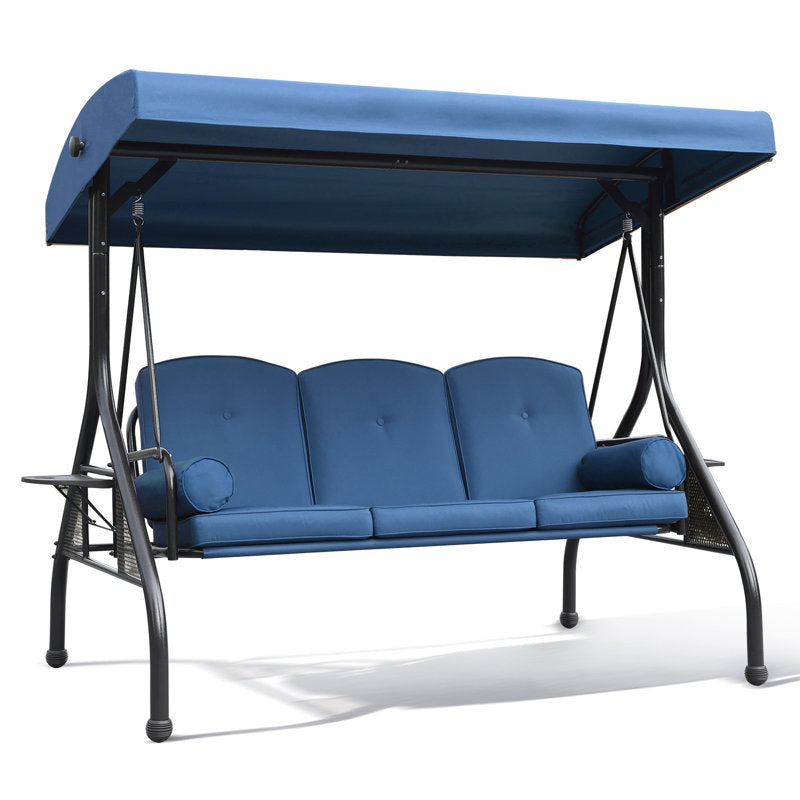 3-Seat Patio Porch Swing With Adjustable Canopy - Outdoor Swing Featuring Three-Position Backrest, Large Convertible 3-In-1 Swing Bed, Thickened Cushions, Pillows, And Cup Holders - Ideal For Porch, Backyard, Garden