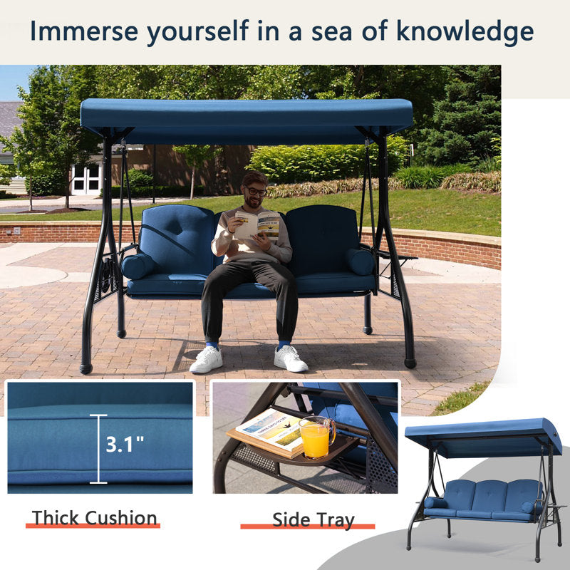 3-Seat Patio Porch Swing With Adjustable Canopy - Outdoor Swing Featuring Three-Position Backrest, Large Convertible 3-In-1 Swing Bed, Thickened Cushions, Pillows, And Cup Holders - Ideal For Porch, Backyard, Garden
