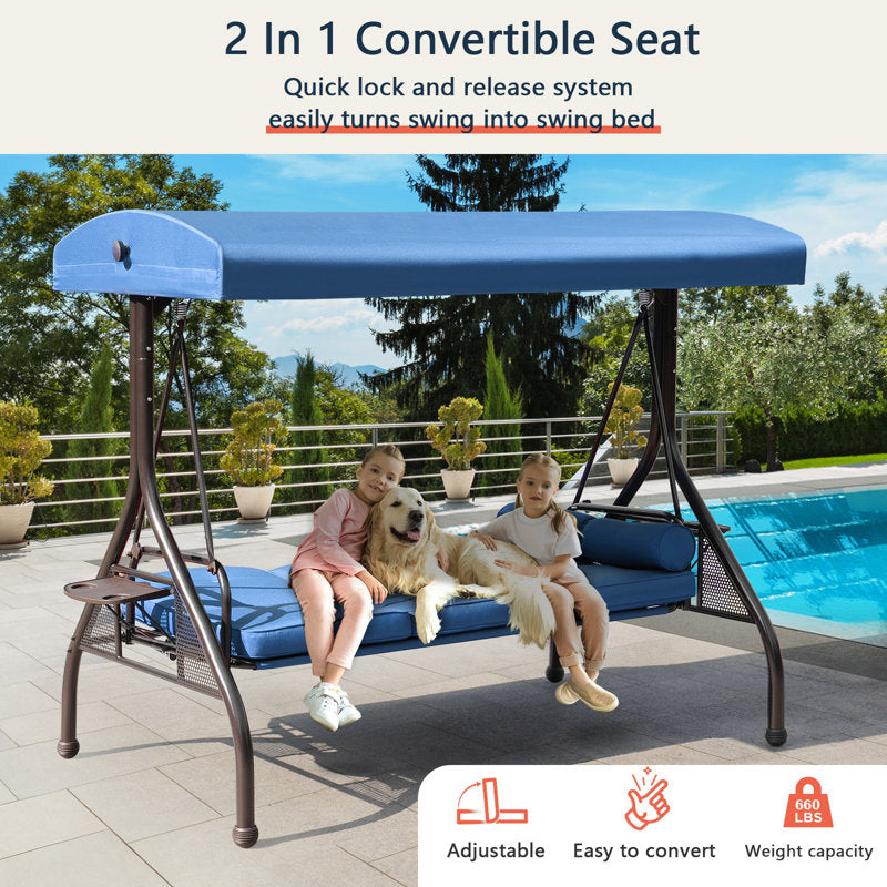 3-Seat Patio Porch Swing With Adjustable Canopy - Outdoor Swing Featuring Three-Position Backrest, Large Convertible 3-In-1 Swing Bed, Thickened Cushions, Pillows, And Cup Holders - Ideal For Porch, Backyard, Garden