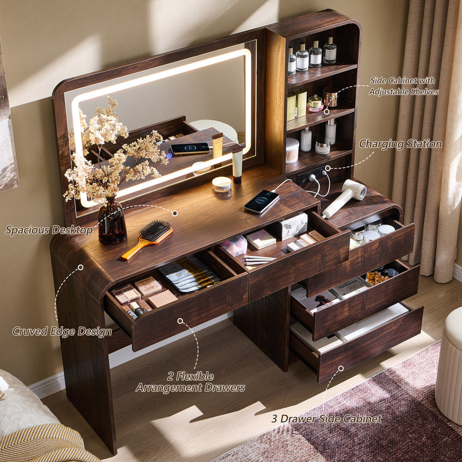 55 Inch Modern Large Vanity Desk with 5 Drawers & LED Mirror