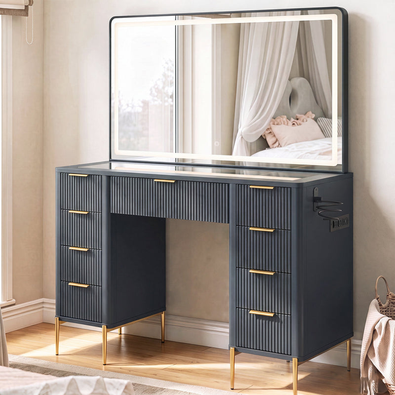 48 Inch Modern Makeup Vanity Desk with Mirror, Lights & 9 Drawers
