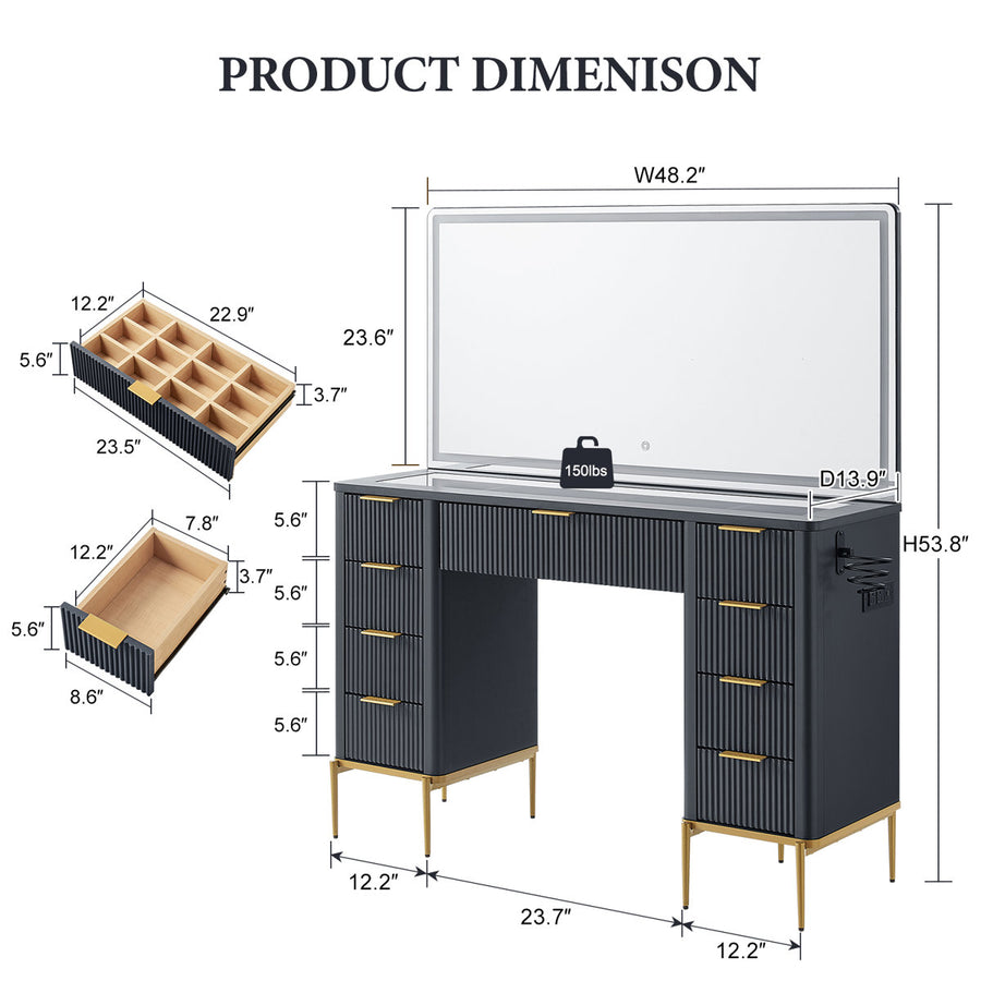 48 Inch Modern Makeup Vanity Desk with Mirror, Lights & 9 Drawers