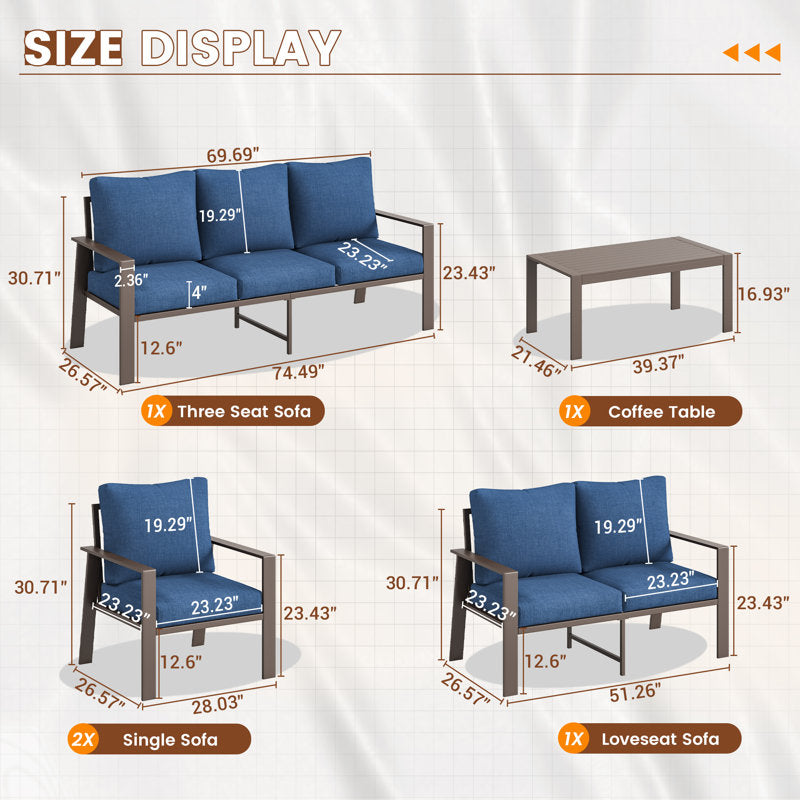 7-Person Outdoor Sofa Seating Group with Coffee Table – Modern Patio Furniture Set, Optional Propane Fire Pit
