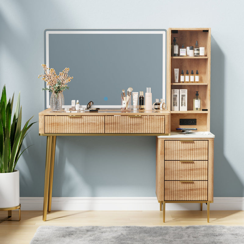 48 Inch Vanity Desk with HD Lighted Mirror & Glass Top