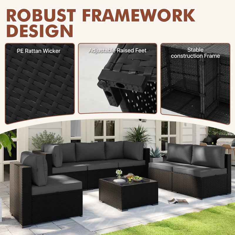 7-pieces Outdoor Rattan Wicker Sectional Seating Group With Cushions