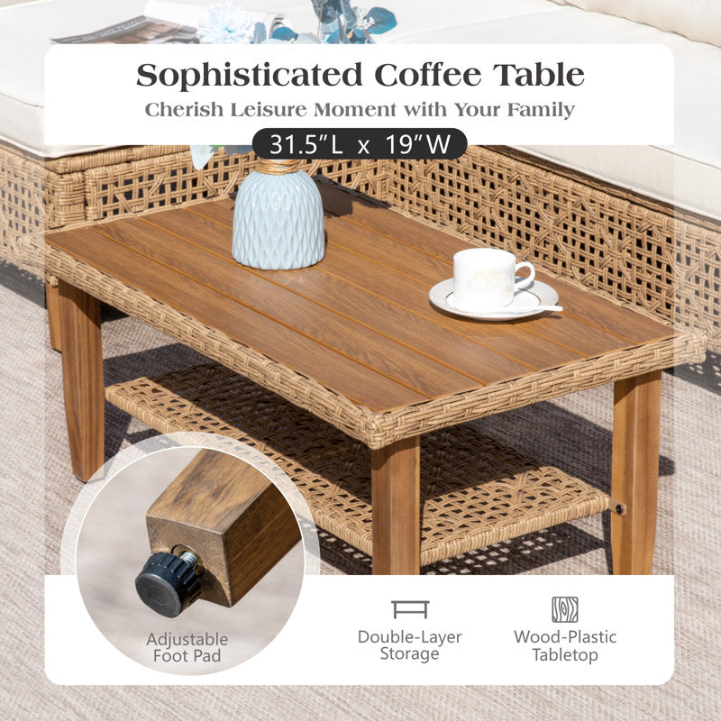 All-Weather Wicker Outdoor Patio Conversation Set with Acacia Wood Coffee
