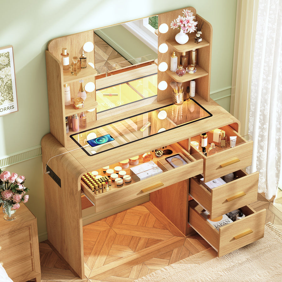 Vanity Desk with Mirror, RGB Drawer Lighting & 4 Drawers