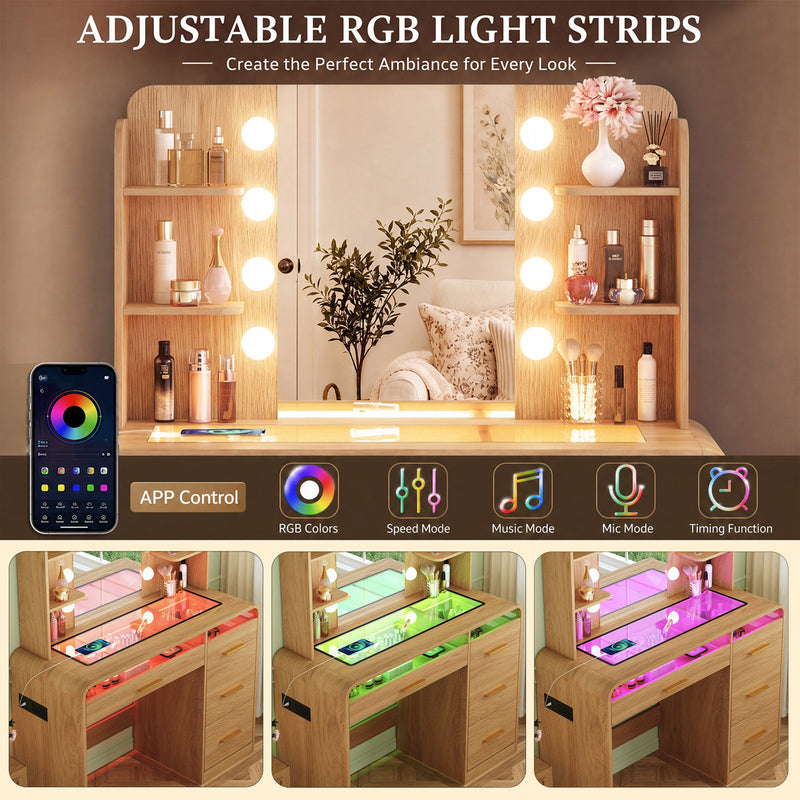 Vanity Desk with Mirror, RGB Drawer Lighting & 4 Drawers