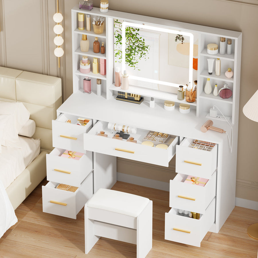Adriel 39.4 Inch Makeup Vanity with LED Mirror, 7 Drawers & Stool