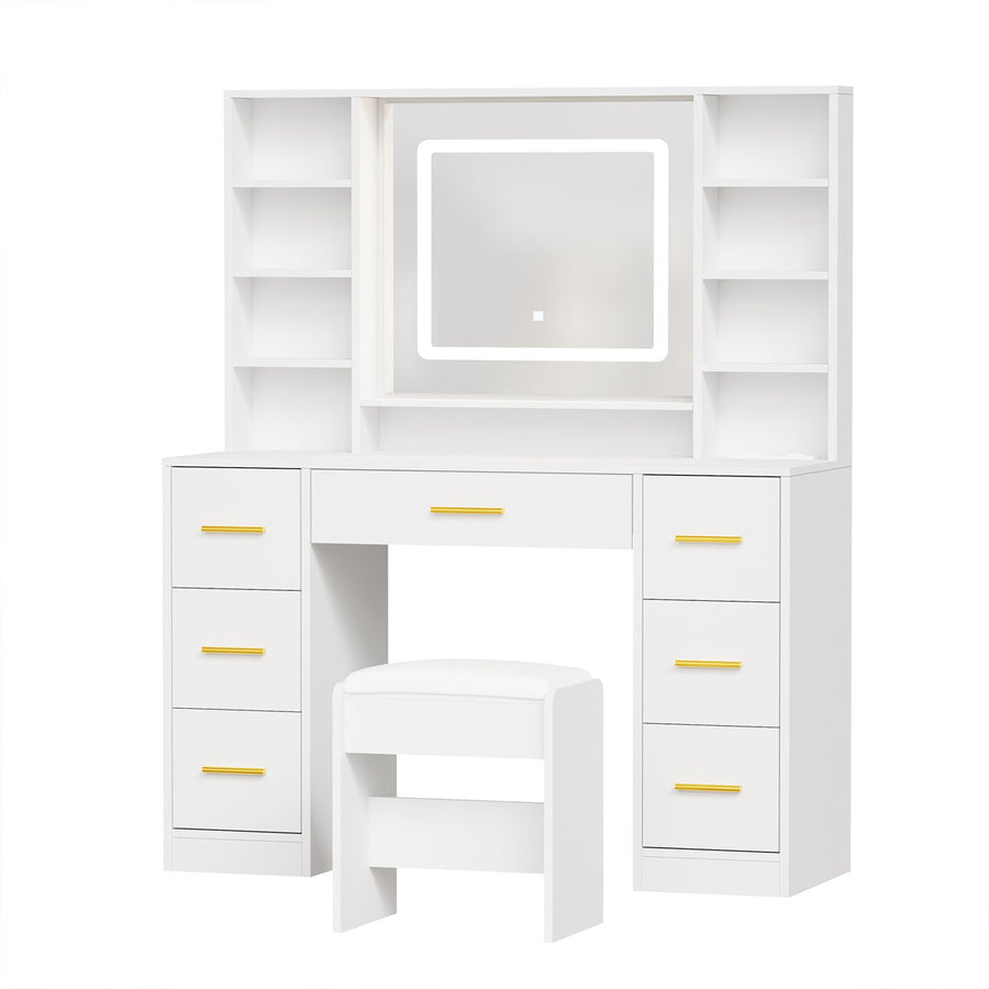 Adriel 39.4 Inch Makeup Vanity with LED Mirror, 7 Drawers & Stool