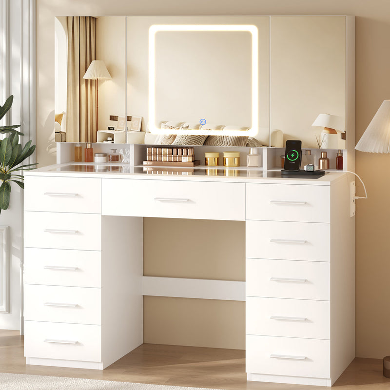 41 Inch Makeup Vanity with Tri-Folding Lighted Mirror & 11 Drawers