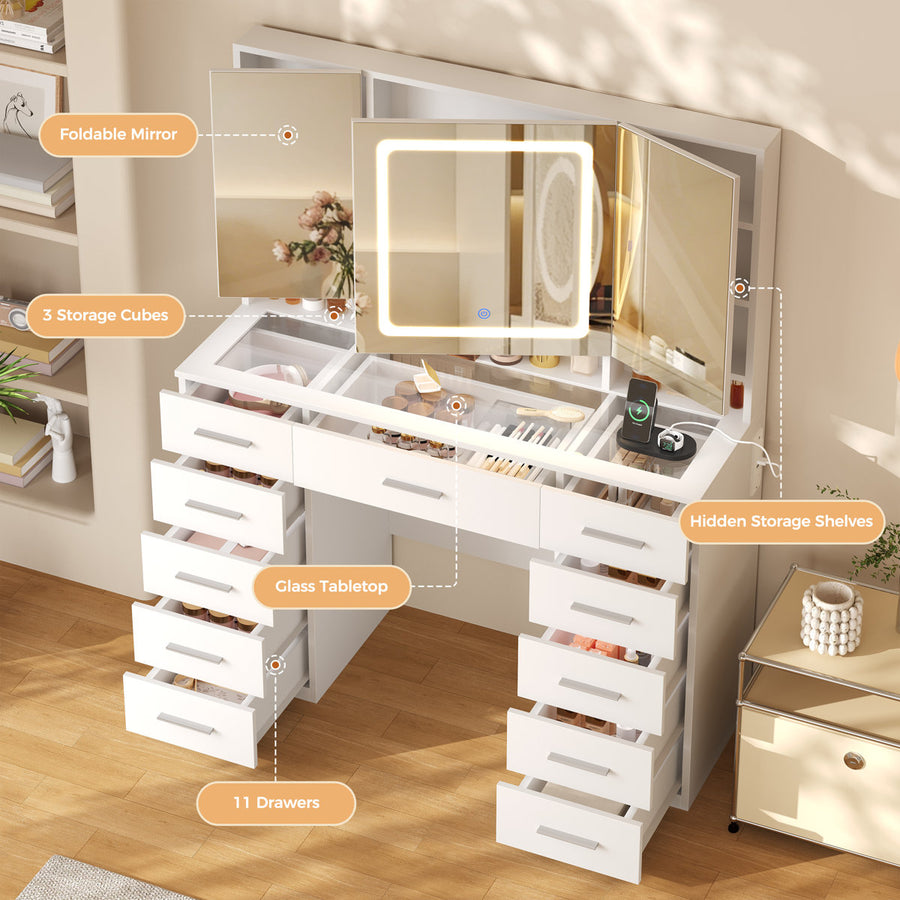41 Inch Makeup Vanity with Tri-Folding Lighted Mirror & 11 Drawers