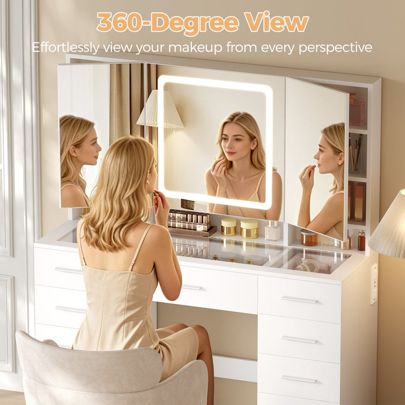 41 Inch Makeup Vanity with Tri-Folding Lighted Mirror & 11 Drawers