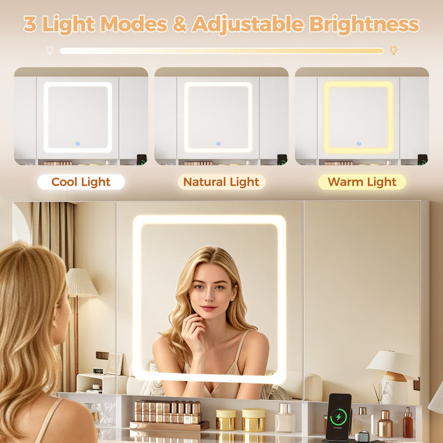 41 Inch Makeup Vanity with Tri-Folding Lighted Mirror & 11 Drawers