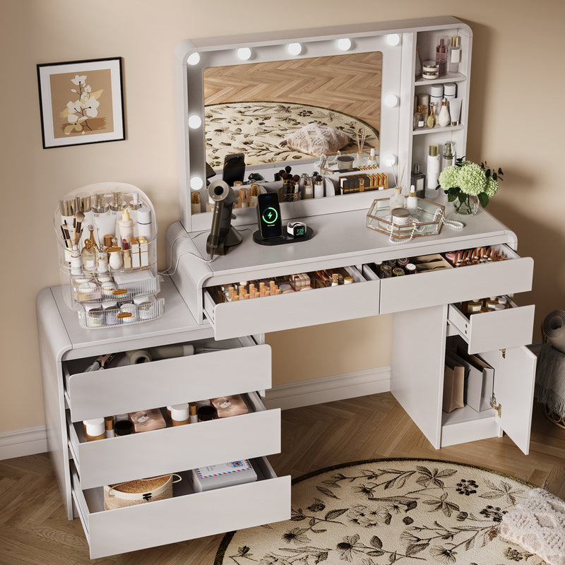 60 Inch Modern Makeup Vanity Desk with Dimmable LED Mirror (White)