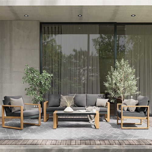 Berau Arunas 5-Person Aluminum Outdoor Conversation Set with Wood-Grain Finish & Weather-Resistant Cushion