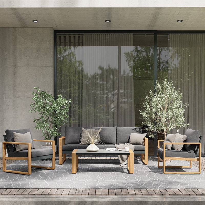Berau Arunas 5-Person Aluminum Outdoor Conversation Set with Wood-Grain Finish & Weather-Resistant Cushion