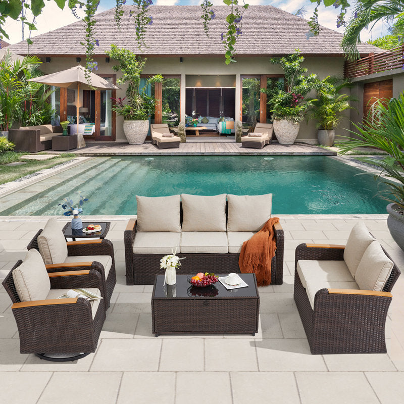 6 Pieces Patio Furniture Sets With Swivel Chairs, Outdoor Furniture Set For Porch Deck Bistro Lawn Garden Backyard Poolsid
