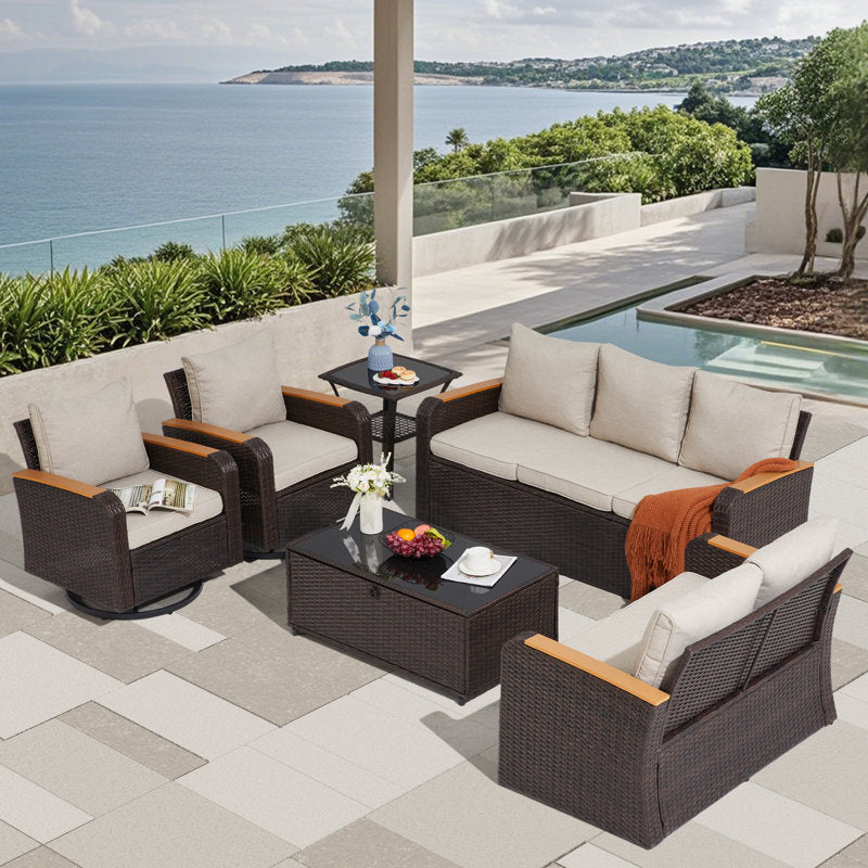 6 Pieces Patio Furniture Sets With Swivel Chairs, Outdoor Furniture Set For Porch Deck Bistro Lawn Garden Backyard Poolsid