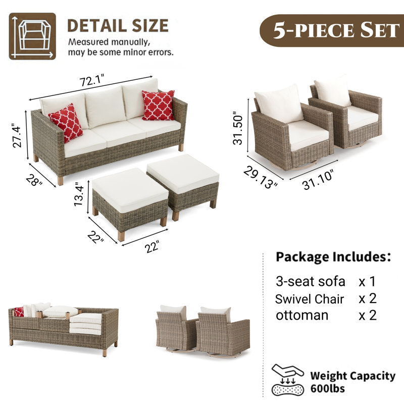 5 Pieces Outdoor Patio Furniture Set, Rattan Wicker Lounge Chairs Sets With Ottomans