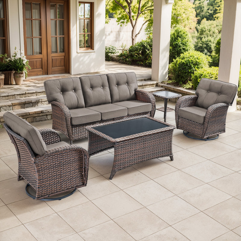 5 Pieces Outdoor Furniture Set With Swivel Chairs, Wicker Patio Furniture For Porch Deck Bistro Lawn Garden Backyard Poolside