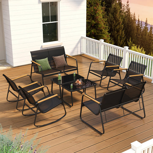 8-Pieces Outdoor Rocking Conversation Set with Loveseat, Wood Armrests and Coffee Table