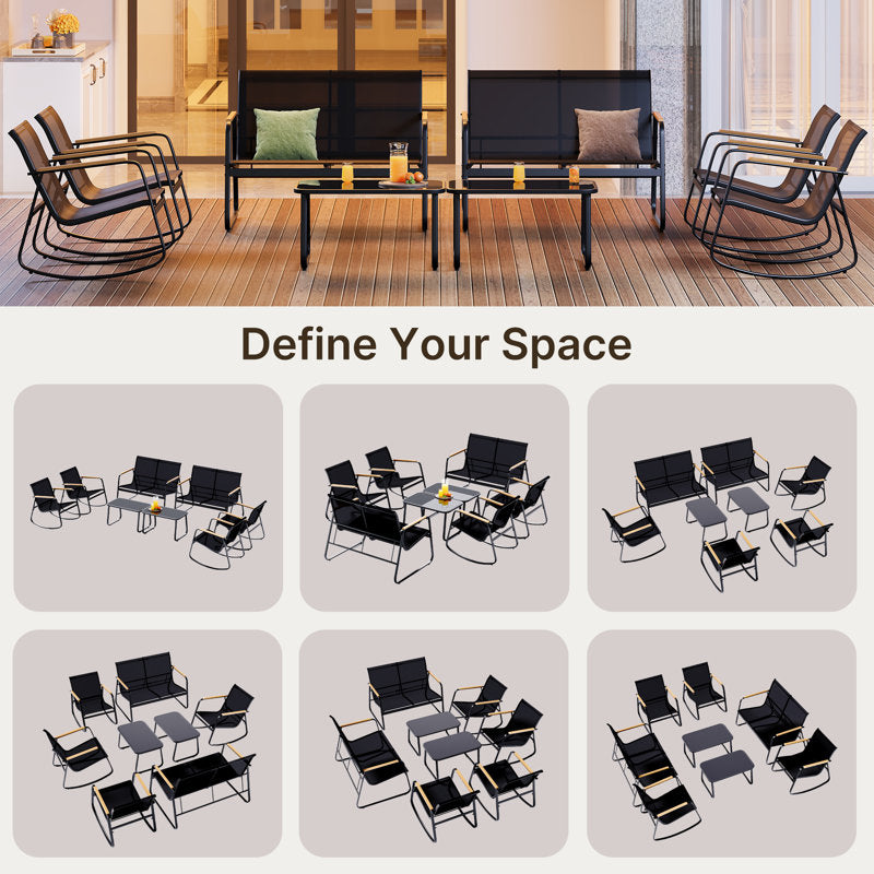 8-Pieces Outdoor Rocking Conversation Set with Loveseat, Wood Armrests and Coffee Table