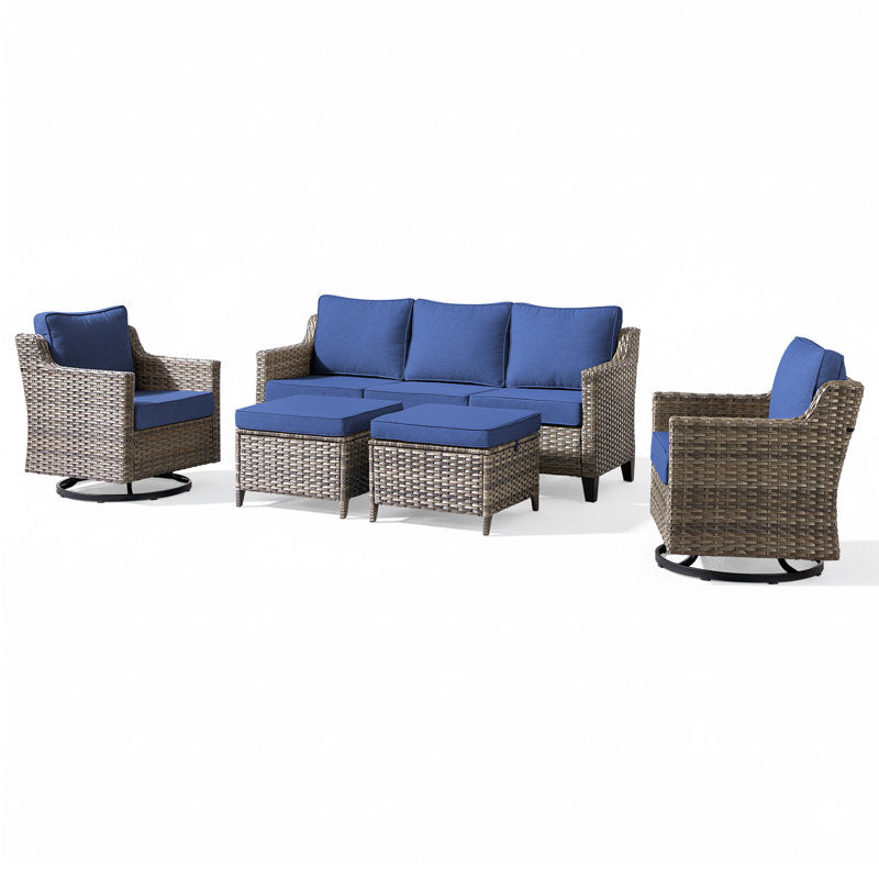 5 Pieces Patio Furniture Set, Outdoor Wicker Sofa Couch with Rocking Swivel Chairs Comfy Cushions, Modern Deep Seat Rattan Conversation Sets for Deck Porch,Blue