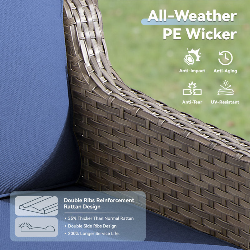 5 Pieces Patio Furniture Set, Outdoor Wicker Sofa Couch with Rocking Swivel Chairs Comfy Cushions, Modern Deep Seat Rattan Conversation Sets for Deck Porch,Blue