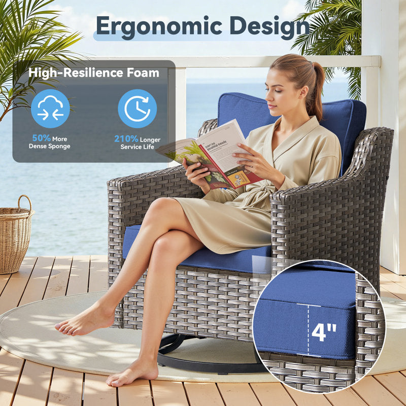 5 Pieces Patio Furniture Set, Outdoor Wicker Sofa Couch with Rocking Swivel Chairs Comfy Cushions, Modern Deep Seat Rattan Conversation Sets for Deck Porch,Blue