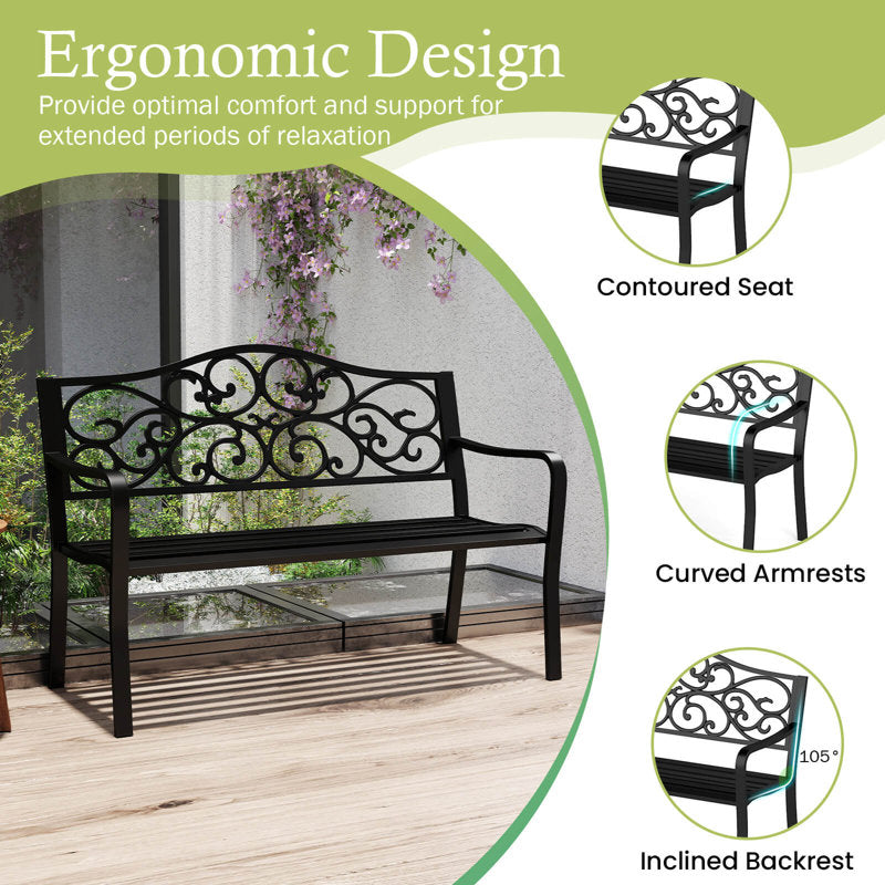50" Porch Bench With Ergonomic Backrest & Armrests Floral Patterns Curved