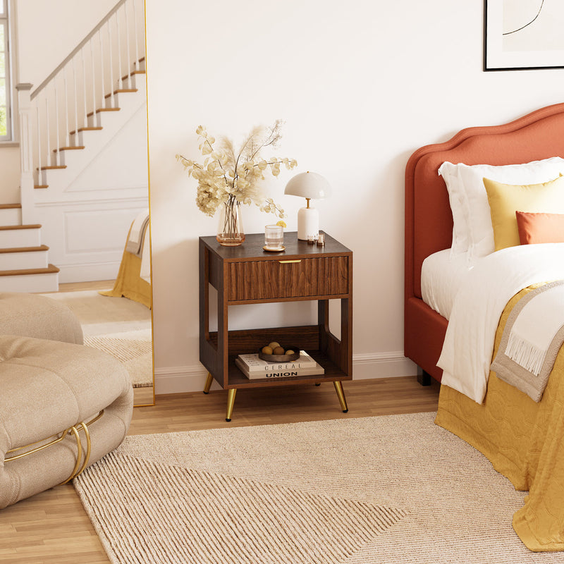 Single-Drawer Fluted Nightstand with Open Storage and Gold Legs