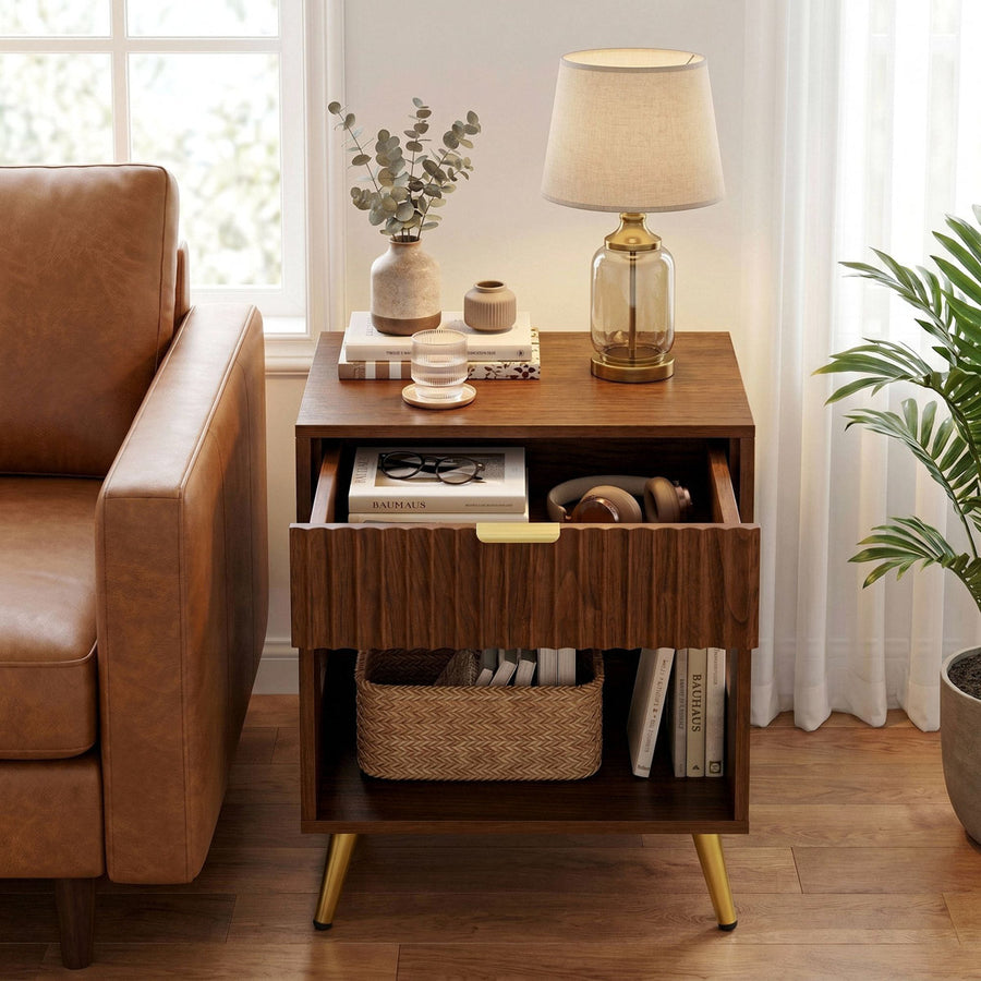 Single-Drawer Fluted Nightstand with Open Storage and Gold Legs