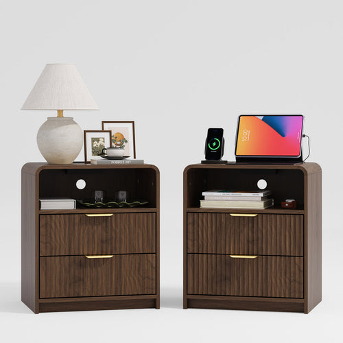 Avalie Fluted Nightstand Set of 2 with Scalloped Edges & Built-In Outlet