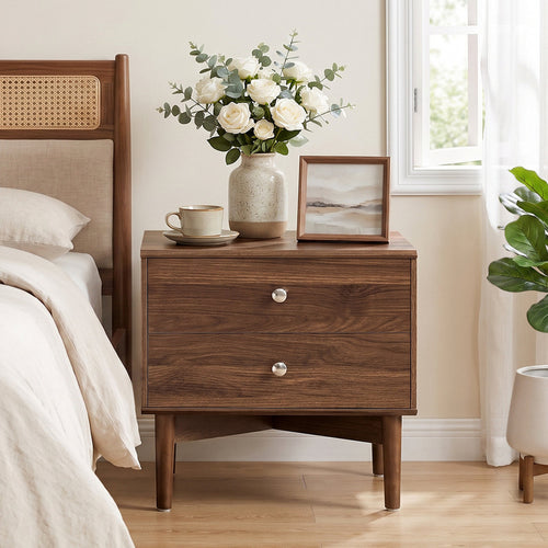 Nightstand with 2 Drawers & Solid Wood Legs, 22.8"W x 14.6"D x 21.3"H