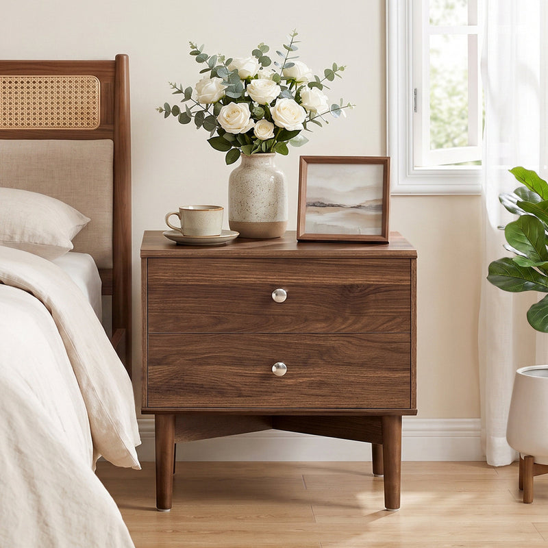 Nightstand with 2 Drawers & Solid Wood Legs, 22.8"W x 14.6"D x 21.3"H