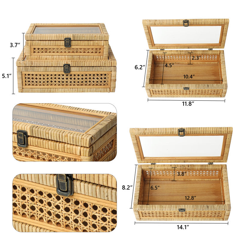 Blynda Rattan 2-Piece Decorative Box Set with Glass Top