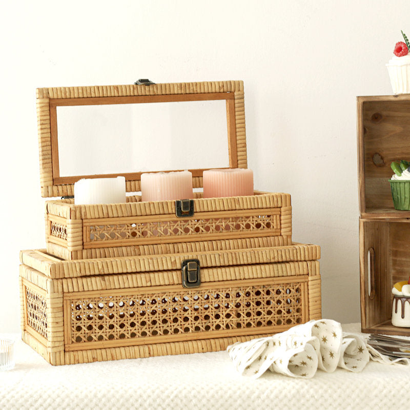 Blynda Rattan 2-Piece Decorative Box Set with Glass Top