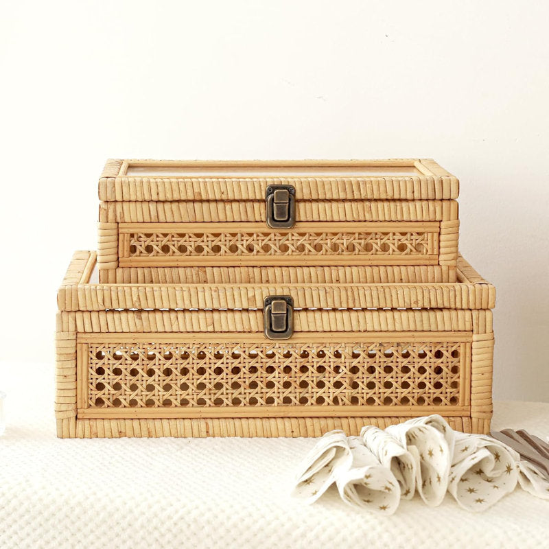 Blynda Rattan 2-Piece Decorative Box Set with Glass Top
