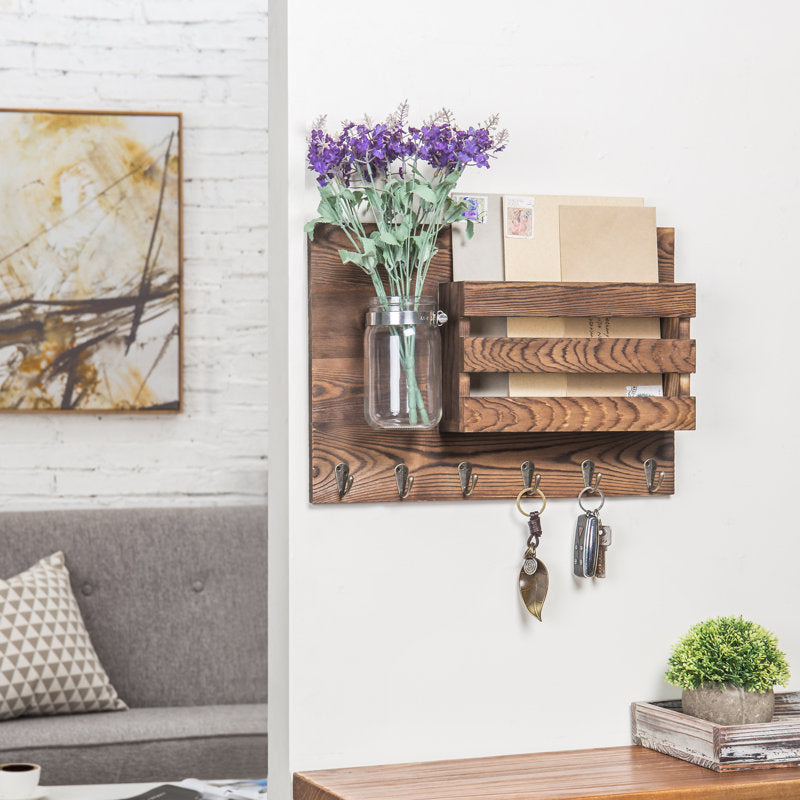 Farmhouse Key Holder With Mail Slot And Shelf, Rustic Wood Wall Mount Organizer For Keys